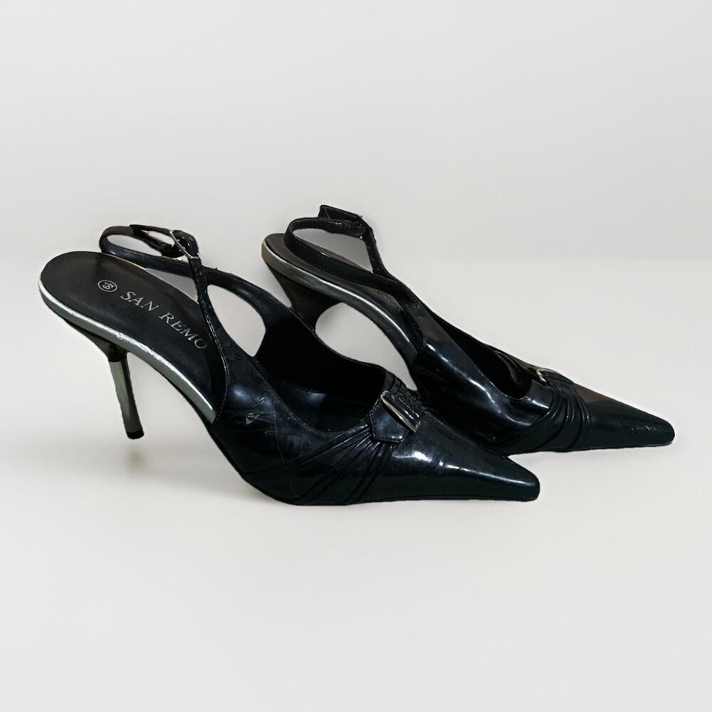 San Remo Black Silver Patent Leather Stiletto 3" Slingback strap Heel Sz 6.5 Y2k